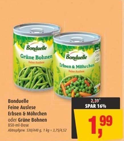 Bonduelle Feine Auswahl Erbsen & Möhrchen oder Grüne Bohnen 850-ml-Dose