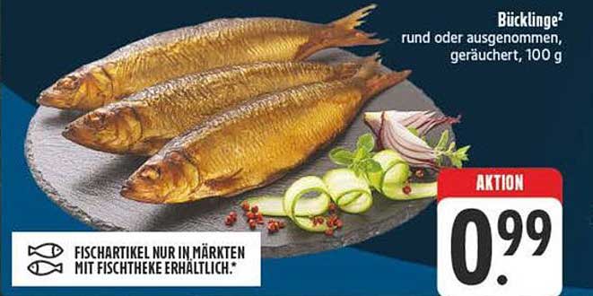 Bücklinge² rund oder ausgenommen, geräuchert, 100 g