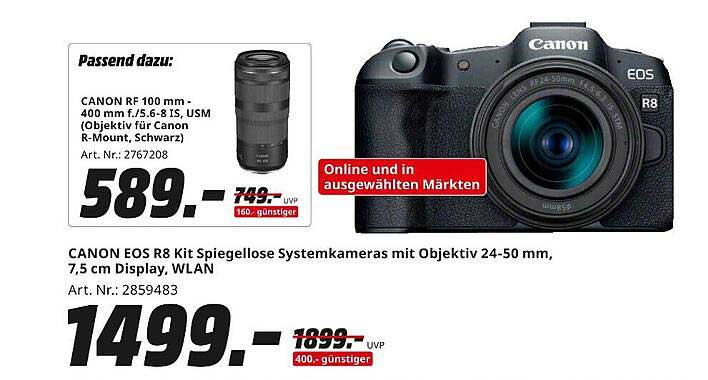 CANON EOS R8 Kit Spiegellose Systemkamera mit Objektiv 24-50 mm, 7,5 cm Display, WLAN