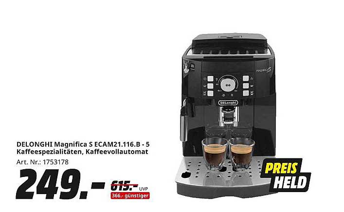 DELONGHI Magnifica S ECAM21.116.B - 5 Kaffeespezialitäten, Kaffeevollautomat