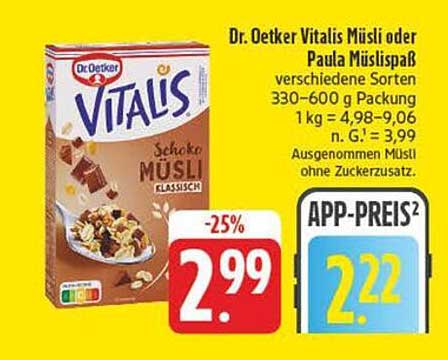 Dr. Oetker Vitalis Müsli oder Paula Müslispaß verschiedene Sorten 330-600 g