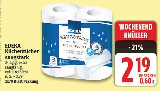 EDEKA Küchentücher saugstark 3-lagig, 2x70 Blatt Packung