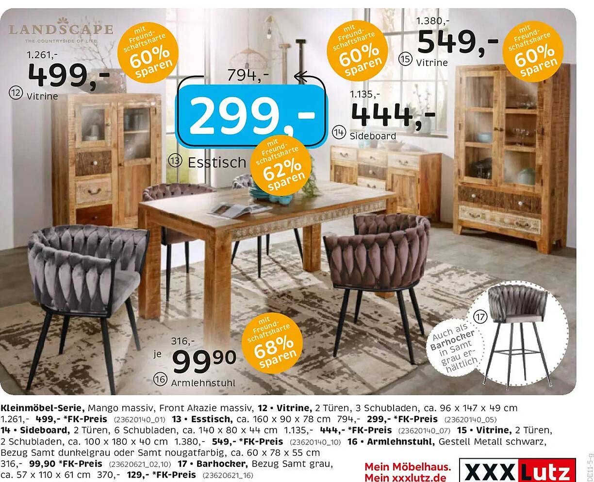 Esstisch - Mango massiv, Front Akazie massiv, 299,-