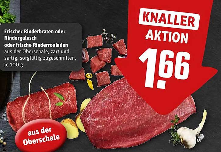 Frischer Rinderbraten oder Rindergulasch oder frische Rinderrouladen aus der Oberschale