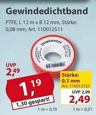 Gewindedichtband PTFE 12m x 12mm, Stärke: 0,08mm