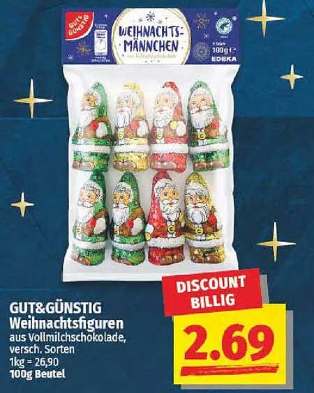 GUT& GÜNSTIG Weihnachtsfiguren aus Vollmilchschokolade, 100g Beutel