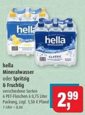 hella Mineralwasser oder Spritzig & Fruchtig, 6 PET-Flaschen à 0,75 Liter