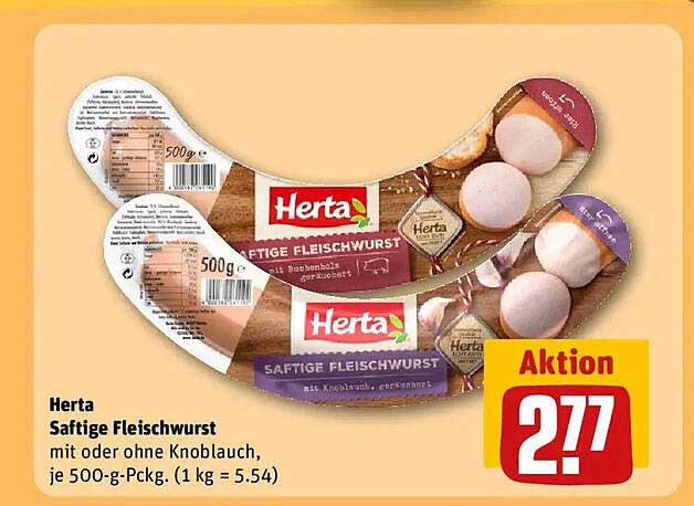 Herta Saftige Fleischwurst - Mit oder ohne Knoblauch, je 500-g-Pckg.