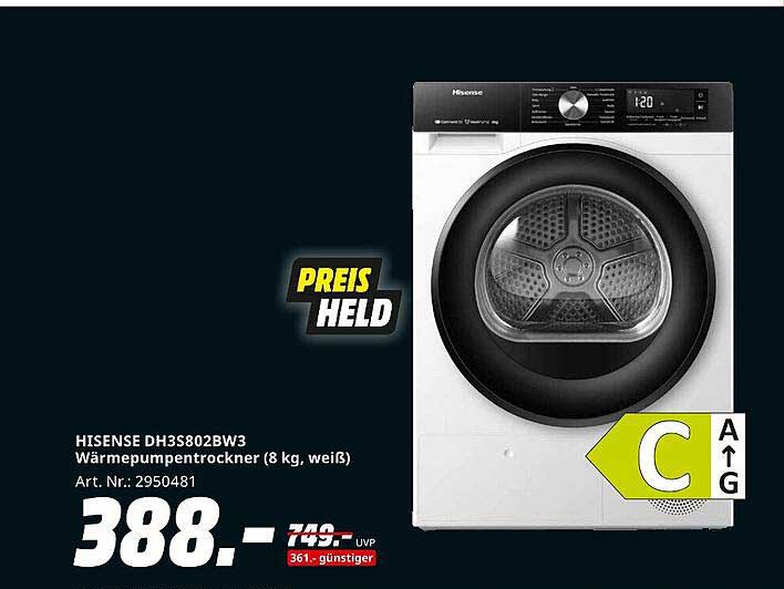 HISENSE DH3S802BW3 Wärmepumpentrockner (8 kg, weiß)