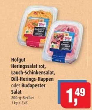 Hofgut Heringssalat rot, Lauch-Schinkensalat, Dill-Herings-Happen oder Budapester Salat 200-g-Becher