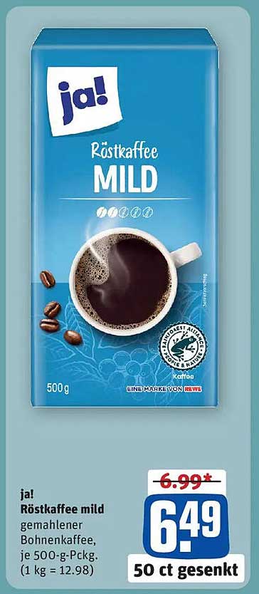 ja! Röstkaffee mild, gemahlener Bohnenkaffee, je 500-g-Packung