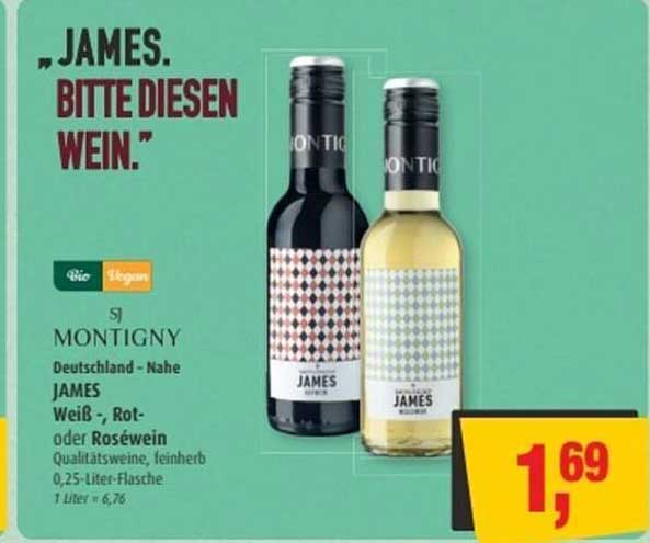 JAMES Weiß-, Rot- oder Roséwein 0,25-Liter-Flasche