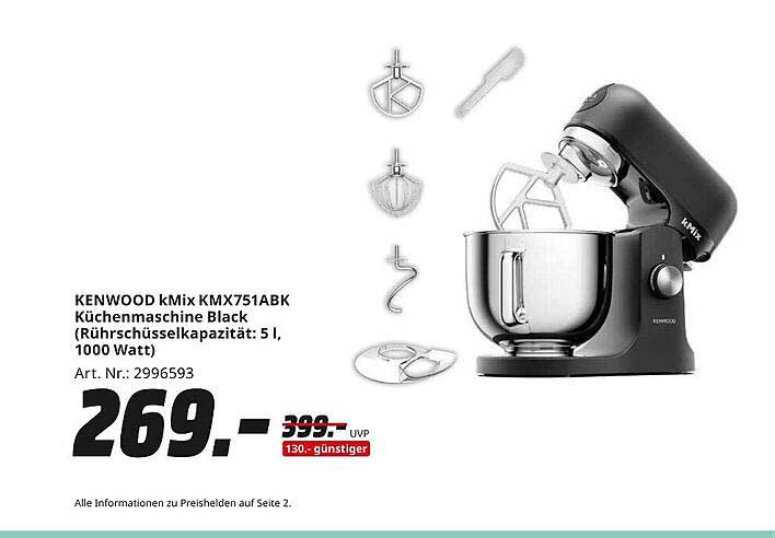 KENWOOD kMix KMX751ABK Küchenmaschine Black (Rührschüsselkapazität: 5 l, 1000 Watt)