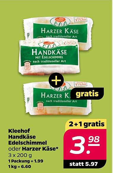 Kleehof Handkäse Edelschimmel oder Harzer Käse – 2+1 gratis