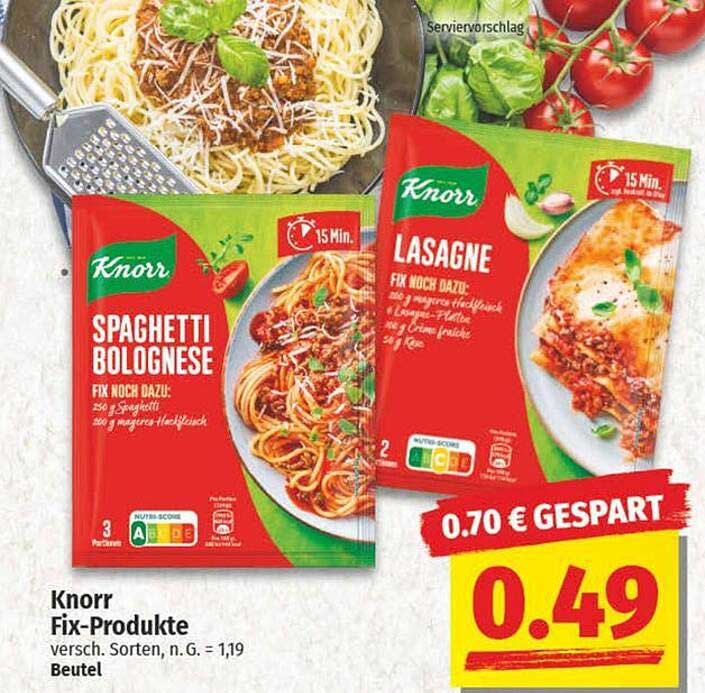 Knorr Fix-Produkte - Spaghetti Bolognese & Lasagne für nur 0,49 €