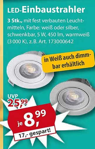 LED-Einbaustrahler 3 Stk., mit fest verbauten Leuchtmitteln, warmweiß