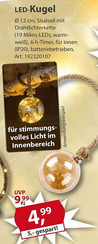 LED-Kugel Ø 12 cm, Sisalseil mit Lichterkette