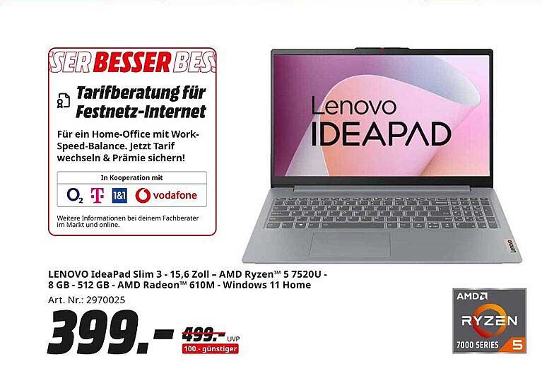 LENOVO IdeaPad Slim 3 - 15,6 Zoll – AMD Ryzen™ 5 7520U – 8 GB – 512 GB – AMD Radeon™ 610M – Windows 11 Home