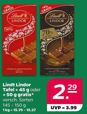 Lindt Lindor Tafel + 45 g oder + 50 g gratis