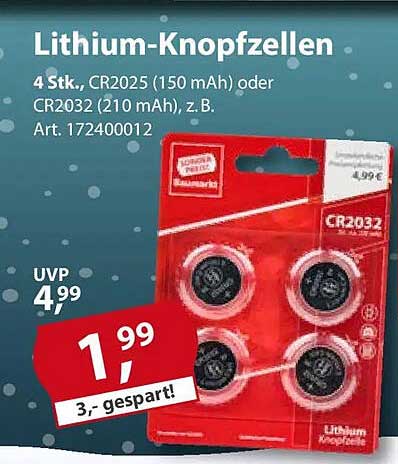 Lithium-Knopfzellen 4 Stk., CR2025 oder CR2032