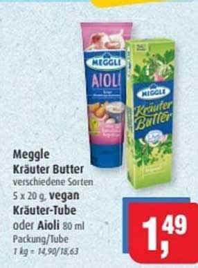 Meggle Kräuter Butter verschiedene Sorten 5 x 20 g vegan Kräuter-Tube oder Aioli 80 ml