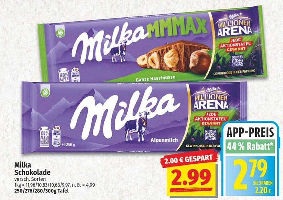 Milka Schokolade in verschiedenen Sorten