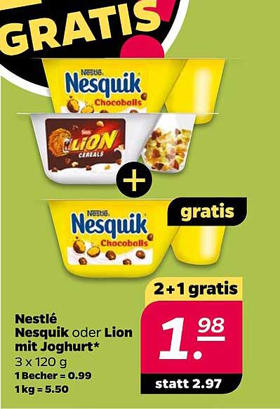 Nestlé Nesquik oder Lion mit Joghurt 3 x 120 g - 2 + 1 gratis