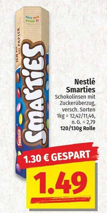 Nestlé Smarties Schokolinsen mit Zuckerüberzug, 120/130g Rolle