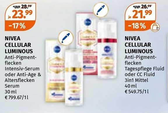 NIVEA CELLULAR LUMINOUS Anti-Pigmentflecken Intensiv-Serum oder Tagespflege 40 ml