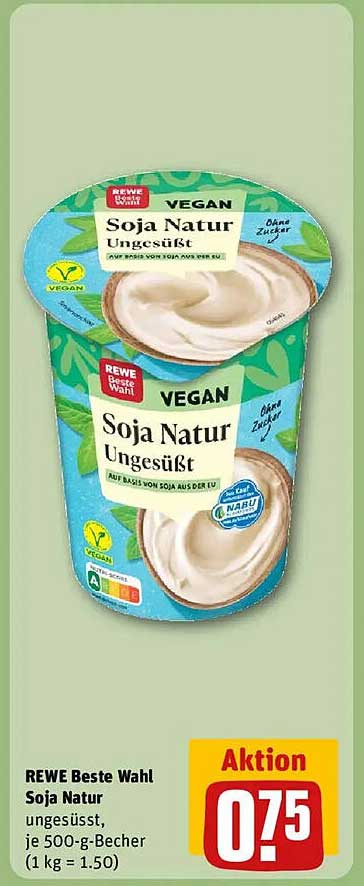 REWE Beste Wahl Soja Natur ungesüßt, je 500-g-Becher