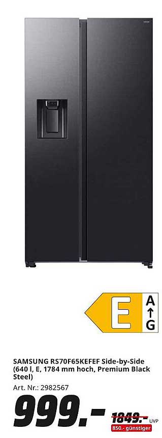 SAMSUNG RS70F65KEEF Side-by-Side Kühlschrank (640 l, E, 1784 mm hoch, Premium Black Steel)