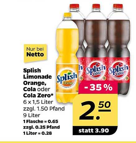 Splish Limonade Orange, Cola oder Cola Zero 6 x 1,5 Liter