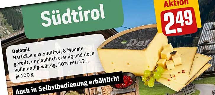 Südtirol Dolomit Hartkäse, 8 Monate gereift, 50% Fett i.Tr., 100 g