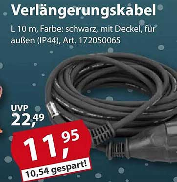 Verlängerungskabel 10 m, Farbe: schwarz, mit Deckel, für außen (IP44)