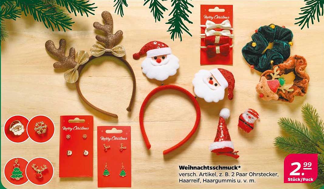 Weihnachtsschmuck - verschiedene Artikel, z. B. 2 Paar Ohrstecker, Haarreif, Haargummis u. v. m.