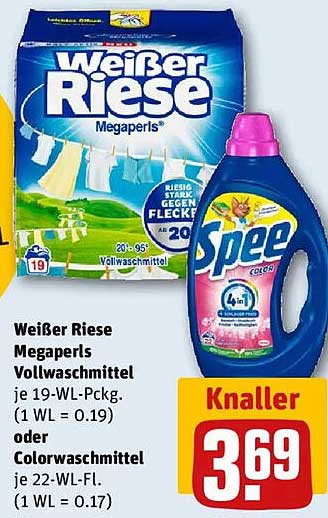 Weißer Riese Megaperls Vollwaschmittel 19-WL-Pckg oder Spee Colorwaschmittel 22-WL-Fl.
