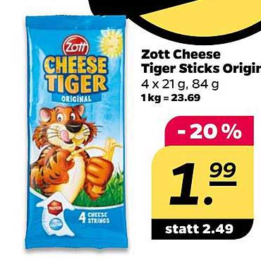 Zott Cheese Tiger Sticks Original 4 x 21 g, 84 g