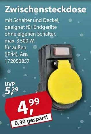 Zwischensteckdose mit Schalter und Deckel