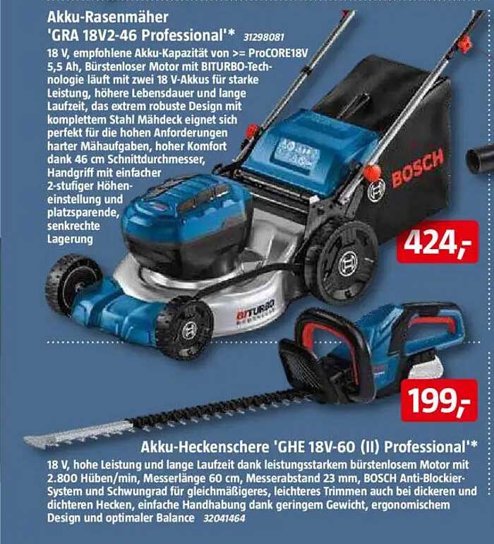 Akku-Rasenmäher 'GRA 18V2-46 Professional' und Akku-Heckenschere 'GHE 18V-60 (II) Professional'