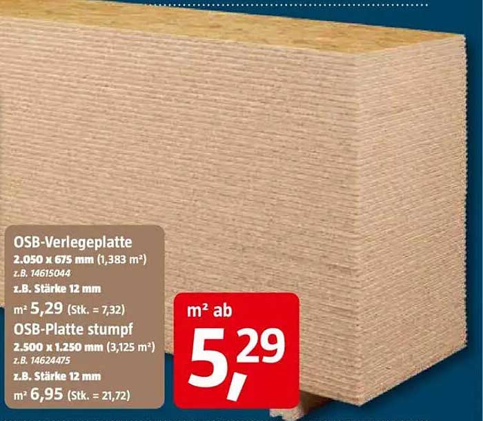 OSB-Verlegeplatte 2.050 x 675 mm und OSB-Platte stumpf 2.500 x 1.250 mm