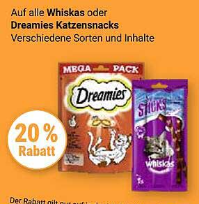 20% Rabatt auf alle Whiskas oder Dreamies Katzensnacks