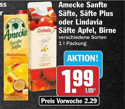 Amecke Sanfte Säfte, Säfte Plus oder Lindavia Säfte Apfel, Birne - 1 l Packung