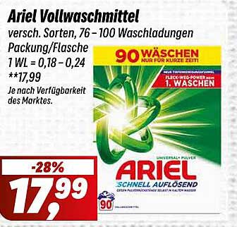 Ariel Vollwaschmittel - versch. Sorten, 76-100 Waschladungen Packung/Flasche