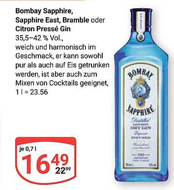 Bombay Sapphire, Sapphire East, Bramble oder Citron Pressé Gin 0,7 l