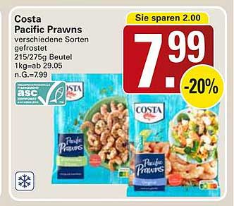 Costa Pacific Prawns verschiedene Sorten gefrostet 215/275g Beutel