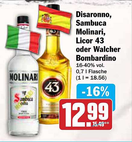 Disaronno, Sambuca Molinari, Licor 43 oder Walcher Bombardino
