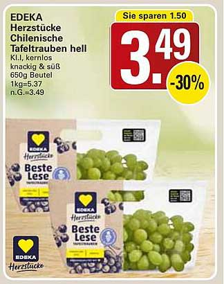 EDEKA Herzstücke Chilenische Tafeltrauben hell, 650g Beutel