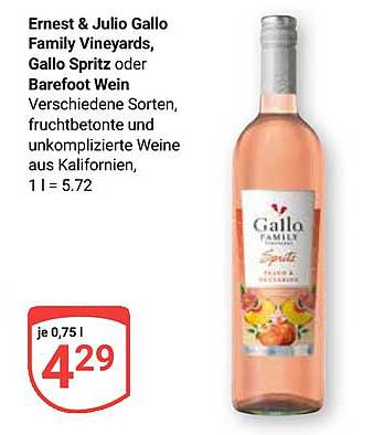 Ernest & Julio Gallo Family Vineyards, Gallo Spritz oder Barefoot Wein, 0,75 l