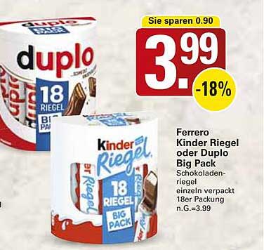 Ferrero Kinder Riegel oder Duplo Big Pack 18er Pack