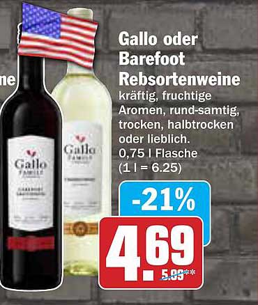 Gallo oder Barefoot Rebsortenweine 0,75 l Flasche
